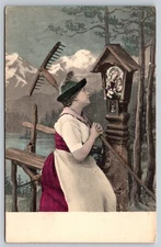 Vintage Postcard Woman Praying at Shrine in Alps Traditional Dress