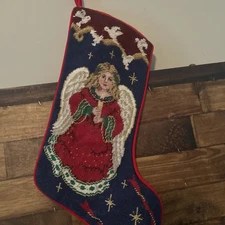 Vtg Christmas Peace Angel Dove Garland Stocking Needlepoint 17”X 7.5” Lined