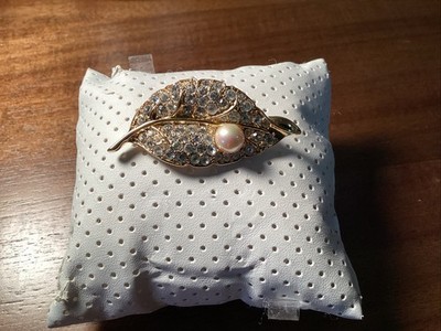 Vintage Nolan Miller Brooch Fetching Pave Leaf Pin with Faux Pearl Signed 2.25''