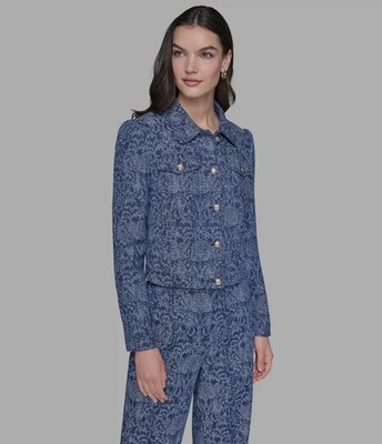 Karl Lagerfeld Paris Brocade Cropped Motif Denim Jacket-Size Small- MSRP $189