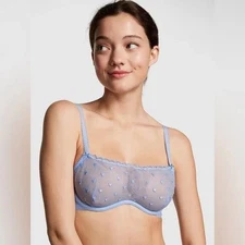 Pink Victoria Secret Demi Lace Bra Small Blue Heart Embroidery Unlined