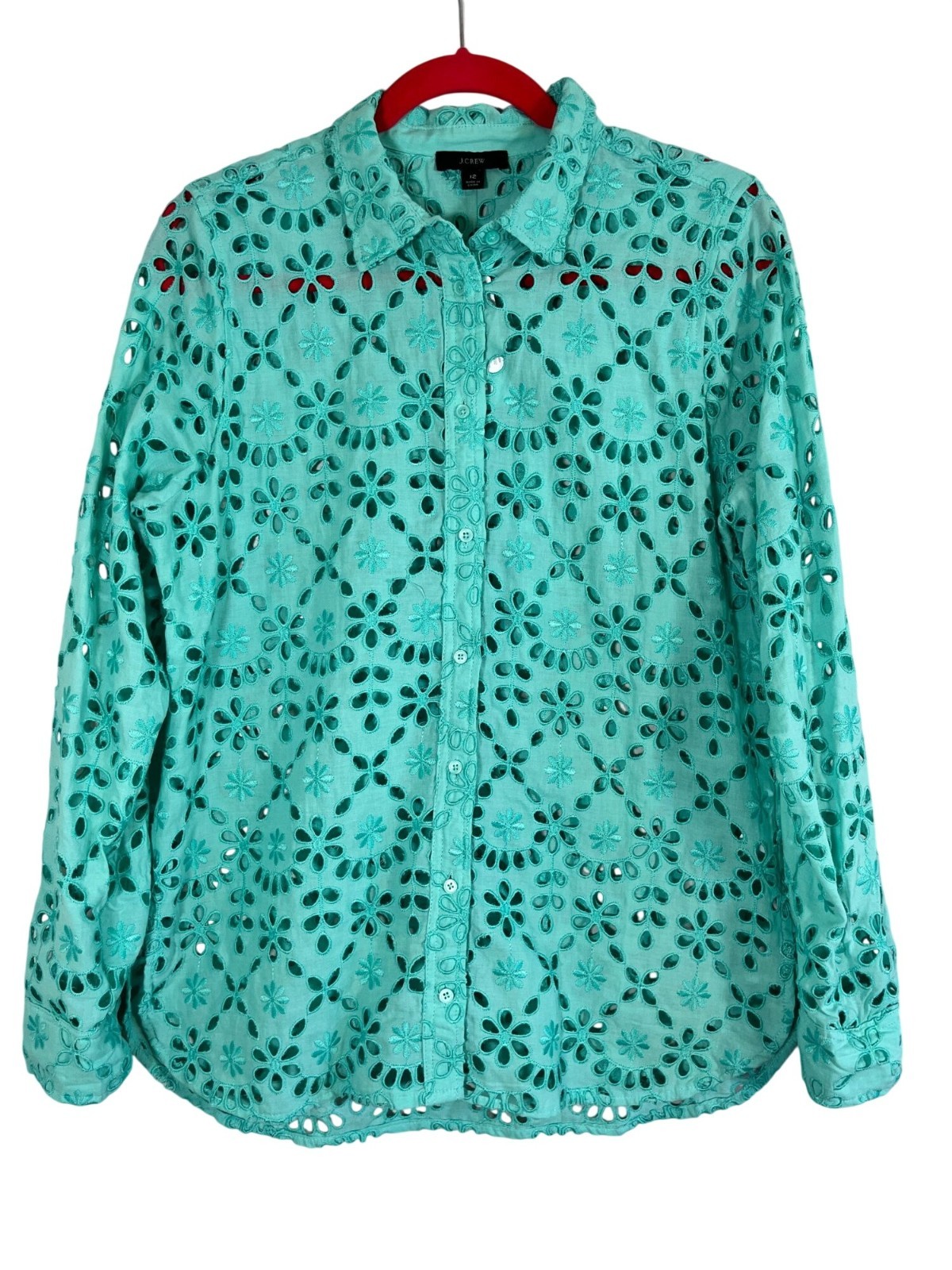 J Crew Floral Embroidery Eyelet Shirt Green 12 Resort Preppy Colorful Chic Artsy