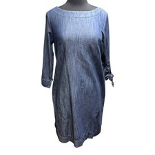 NWT Talbots Women s Size 8 Denim Dress 3/4 Sleeve Bow Cuff Back Zip Jewel Neck