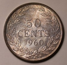 1960 Liberia 50 Cents Silver Coin KM# 17 Unc w/ Strong Lustre Toned Reverse