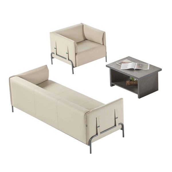 Arbeitszimmer-Set 3Tlg Beige 3-Sitzer Sessel Grau Couchtisch Wohnzimmer-image
