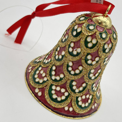 Cloisonne Christmas Ornament Bell Red Gold Scallop Glitter Enamel Elegant 3.5''