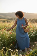 Vintage ERIKA L Denim Chambray Floral Embroidered Collar Side Hem Maxi Dress