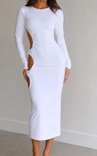 White Solid  Bodycon Cutout Round Neck Midi Dress Women’s Long Sleeve M