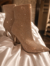Women s Nude Rhinestone Ankle Boots Sparkly Stiletto Heel Pointed Toe Glam