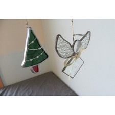  2 Glass Suncatcher Christmas Ornaments Green Christmas Tree Clear Angel