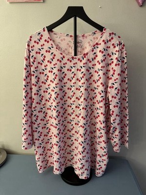 Easy Essentials Women's Plus 3X Cherry Print 100% Cotton Long Sleeve Sleepshirt