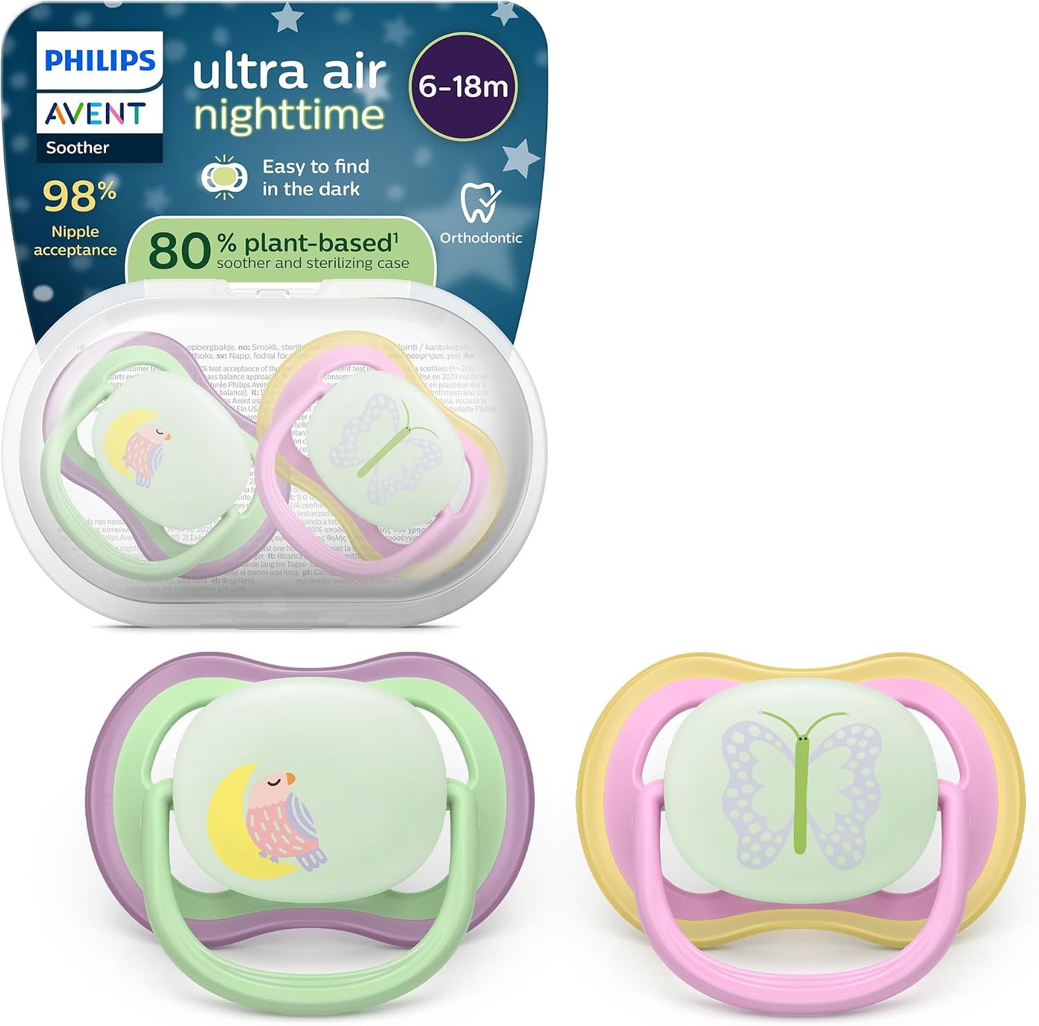 Philips Avent Ultra Air Nighttime Soothers 6-18 Months Glow in Dark 2 Pack