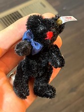Steiff Club Miniature Black Mohair Teddy Bear White Tag Red Nose Blue Bow 4" Min