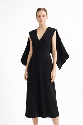 Tibi Black Cape Sleeve Midi Dress Batwing Open Back Minimalist Sz 6 Avant Garde