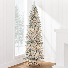 Flocked Pencil Christmas Tree, Pre-Lit Slim Artificial Holiday Decoration, 7.5Ft