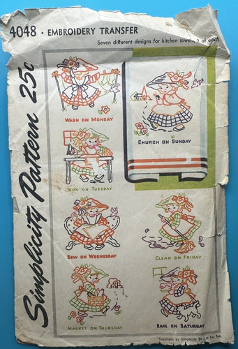 Sunbonnet Girl Embroidery Transfer Days Week Simplicity 4048 1940's VTG Original