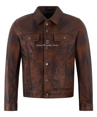 Herren Trucker Classic Western weiches gewachstes Leder Hemd Stil Jeansoptik Jacke
