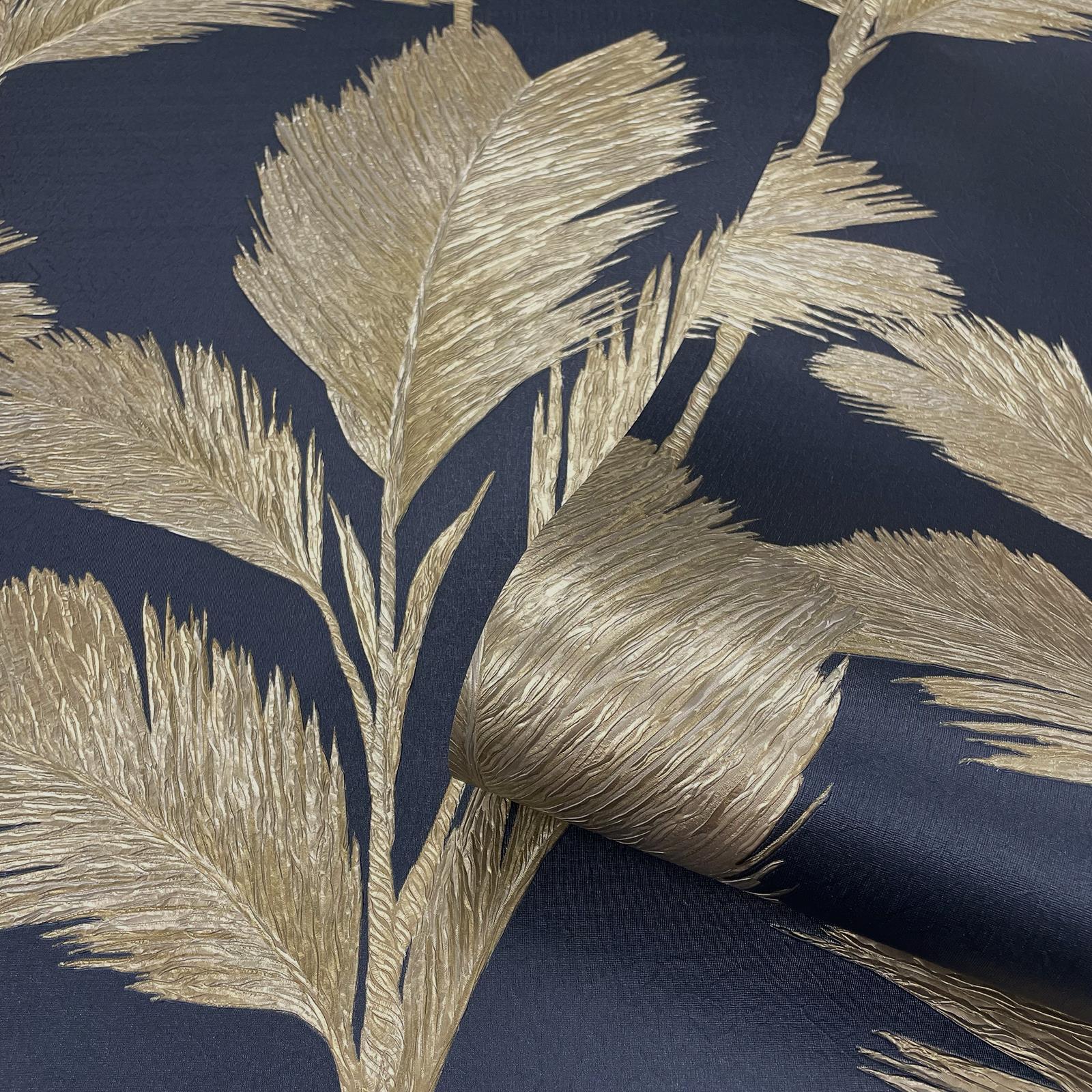 ** SAMPLE Alessia Leaf Gold Navy Wallpaper