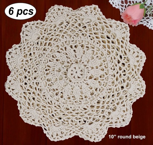 6PCS 10" Round Crochet Lace Doily BEIGE 100% Cotton Handmade, Set of 6 Pieces