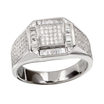 Sterling Silver 925 Men's Square Ring - Rhodium Plated for Enhanced Bling Luster