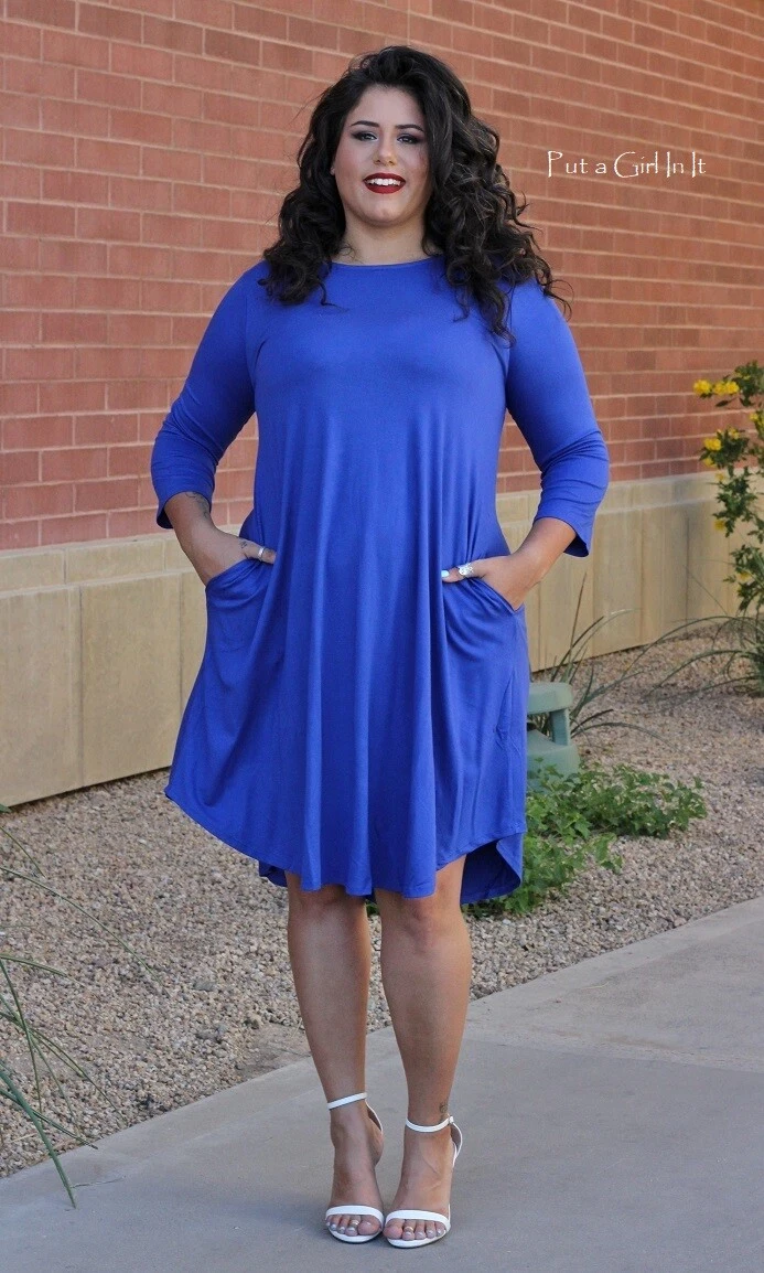 New PLUS SIZE Womens ROYAL BLUE SOFT VISCOSE 3/4 MIDI DRESS