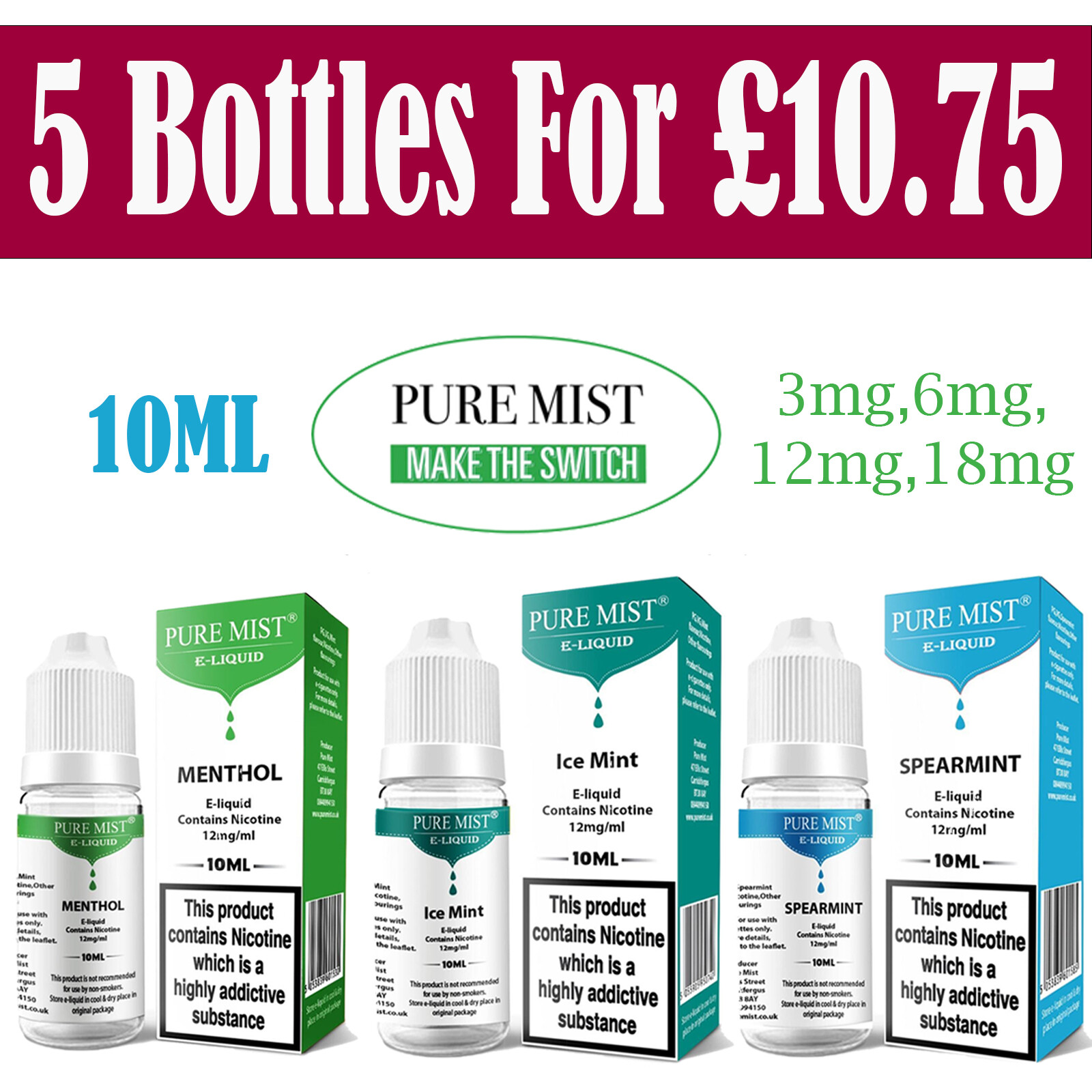 Pure Mist E Liquid Vape Juice 10ml 50VG 50PG Vape E Cig for Pod Kit