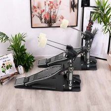 Double Bass Drum Pedal - Non-Slip Footplates, Heavy Duty Metal, Black & White