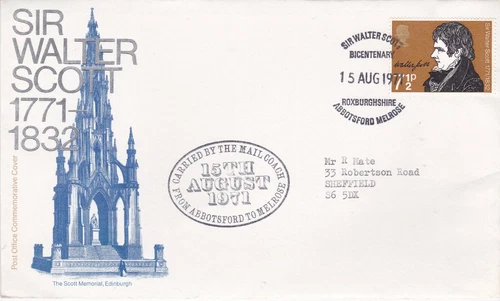 GB 1971 Sir Walter Scott FDC Abbotsford special cancel with enclosure typed