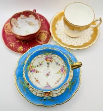 FLAWED SET LOT 3 Demitasse Cups & Saucers Encrusted Gold Minton RK Dresden READ