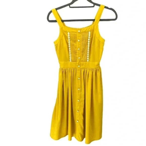 modcloth amarillo pintuck vestido margarita sin mangas poliéster bolsillos xxs 23" cintura Foto 2 de 4
