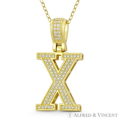 Initial Letter ''X'' Block Script CZ Crystal .925 Sterling Silver & 14k GP Pendant
