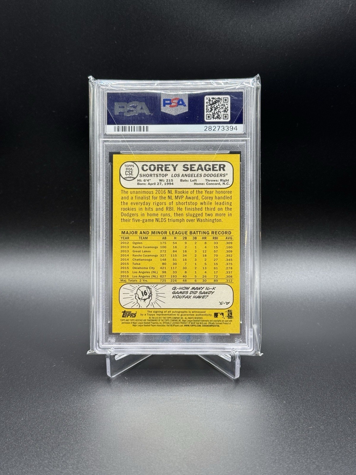2017 Topps Heritage Corey Seager One Auto-Fielding PSA 10 view 2