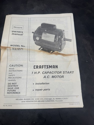 #ad Sears Owners Manual Craftsman 1 H.P. Capacitor Start A.C. Motor $9.99