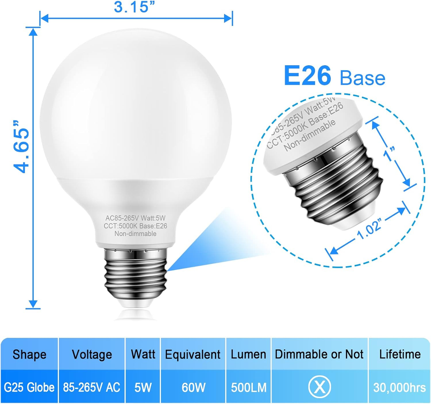 4 Pack Daylight Bathroom Light Bulbs, 60 Watt Equivalent, E26 Medium Base, G25 L