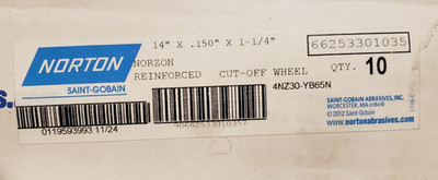NEW (10pcs) Norton NorZon 14''x.15''x1-1/4'' Cut-Off Wheels 4NZ30-YB65N 66253301035