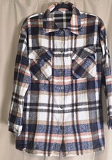 Womens Plaid Flannel Button-Up Shacket, Long Sleeve Pockets Multicolor M/L