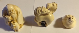3 Japanese/Asian Netsuke Figurines. Horses, Old Bald Man/w Cat & MMA Bunny.
