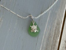 NEW SO PRETTY SEA TURTLE  SEA GLASS PENDANT NECKLACE 16" W 3" EXT CHAIN