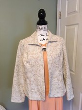 CHICO'S Tan  White Lace Print Ponte Cotton/Polyester Knit Jacket Size 1 M VGUC