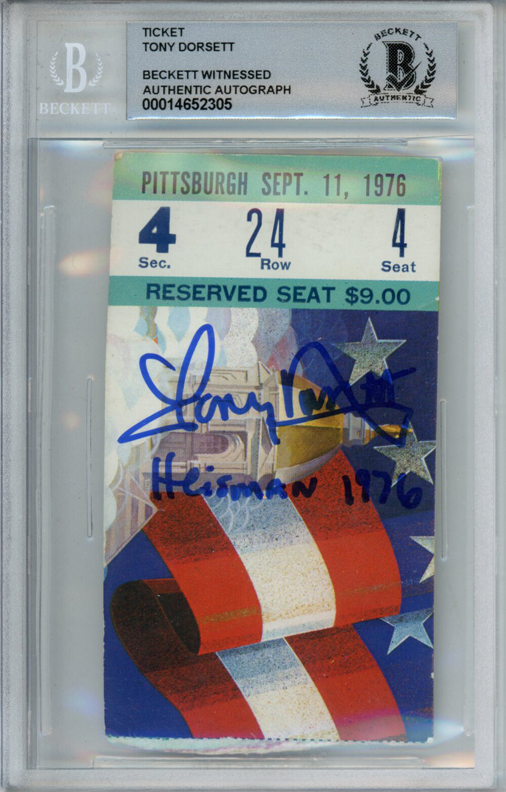 Tony Dorsett Autographed Signed 9/11/1976 Vs Notre Dame Ticket Stub Heisman Beckett Slab 39243 
