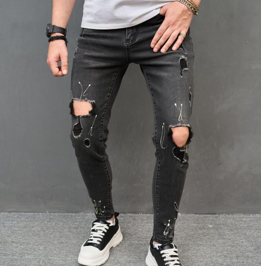 Men's Black Denim Cotton Jeans Ripped Knee Holes Printed Pants