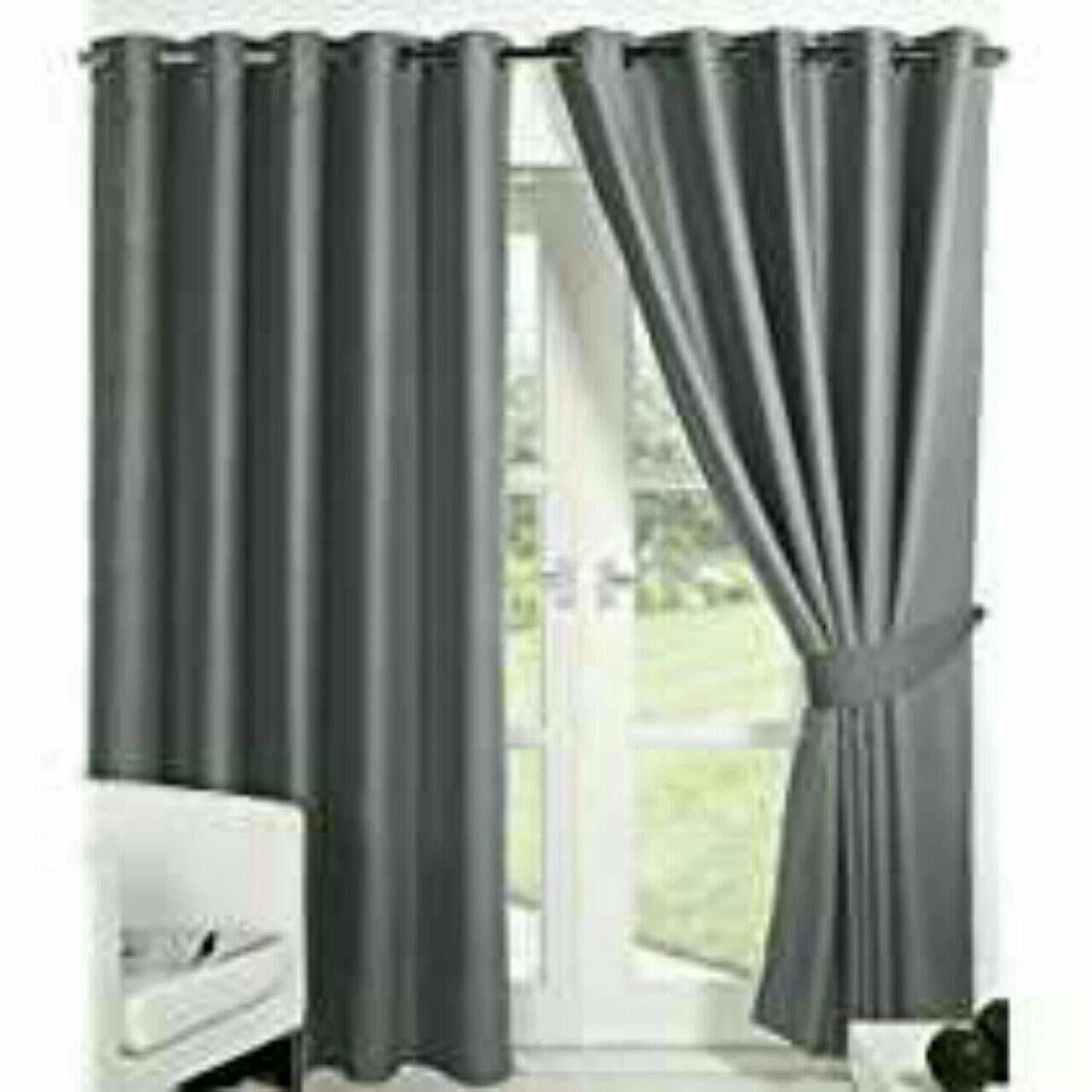 New 2 Piece Eyelet Long Crush Door Curtain Set - 9 feet Gray