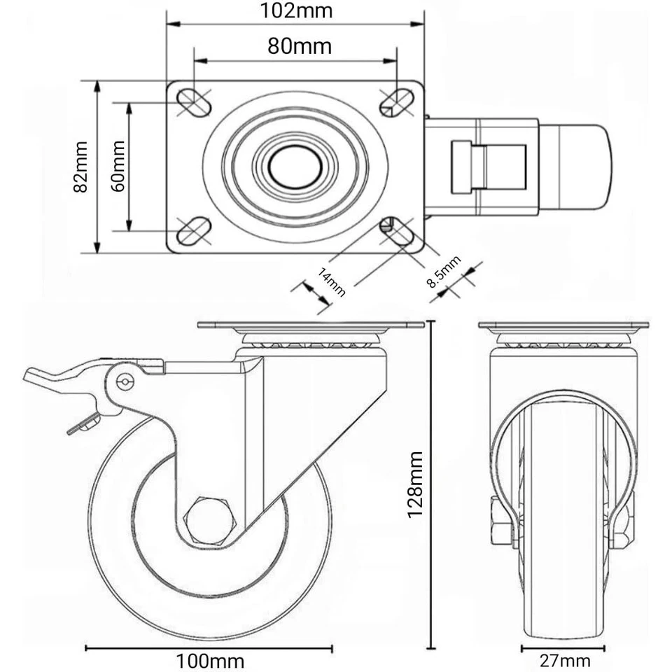 set 4 Ruote Per Carrello Rotella100mm (2 Fisse + 2 Girevoli con Freno)per mobili - Immagine 2 di 4