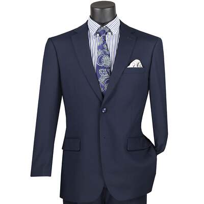 VINCI Men's Navy Blue 2-Button Suit w/ Adjustable Waistband, Reg-Fit - NEW