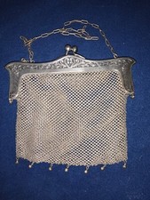 Antique German Silver NB Co. Leaves Frame 7 Ball Drop Tassel Mesh Purse Chain