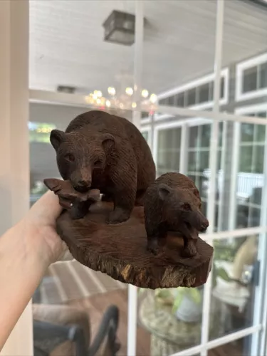 Hand Carved Dark Wood Mother Bear with Fish in Mouth and Cub 5” Tall & 9” Wide