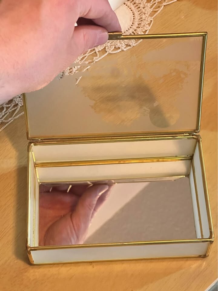 Crowning  Touch VTG Jewelry Box Mirrored Etched Glass Panel Brass Hinged Footed 