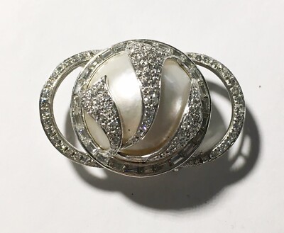 Antique Vintage 14k White Gold Clip/Pin, Mobe Pearl, Diamonds