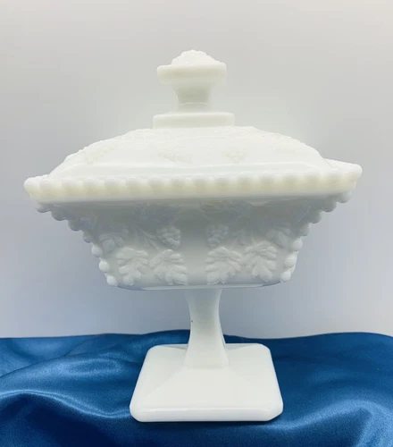 Vintage Westmoreland Candy Dish/Milk Glass Pedestal-Beaded/Grapes Leaves/Square