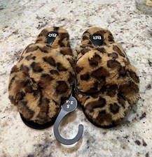 BP. Sophie Criss Cross Slippers S 5-6 Plush Faux Fur Leopard Print NWT